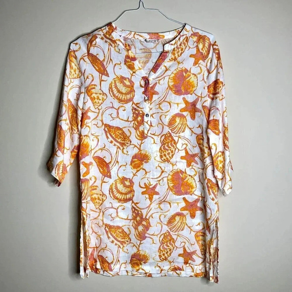 Margaritaville Summery Seashells Design Summery Linen Top, Size M - Picture 1 of 10